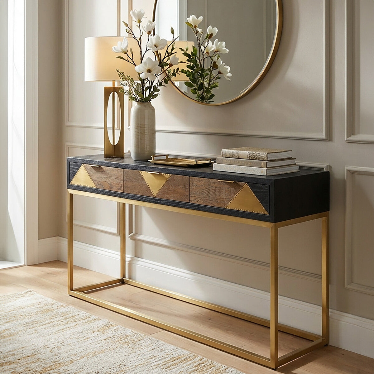 Siena Natural and Black Oak Wood Console Table with Drawers