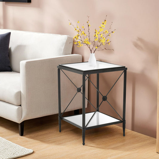 Black Metal Square Frame Side Table with Two-Tier Clear Glass Shelves and Floral Motif, Axis