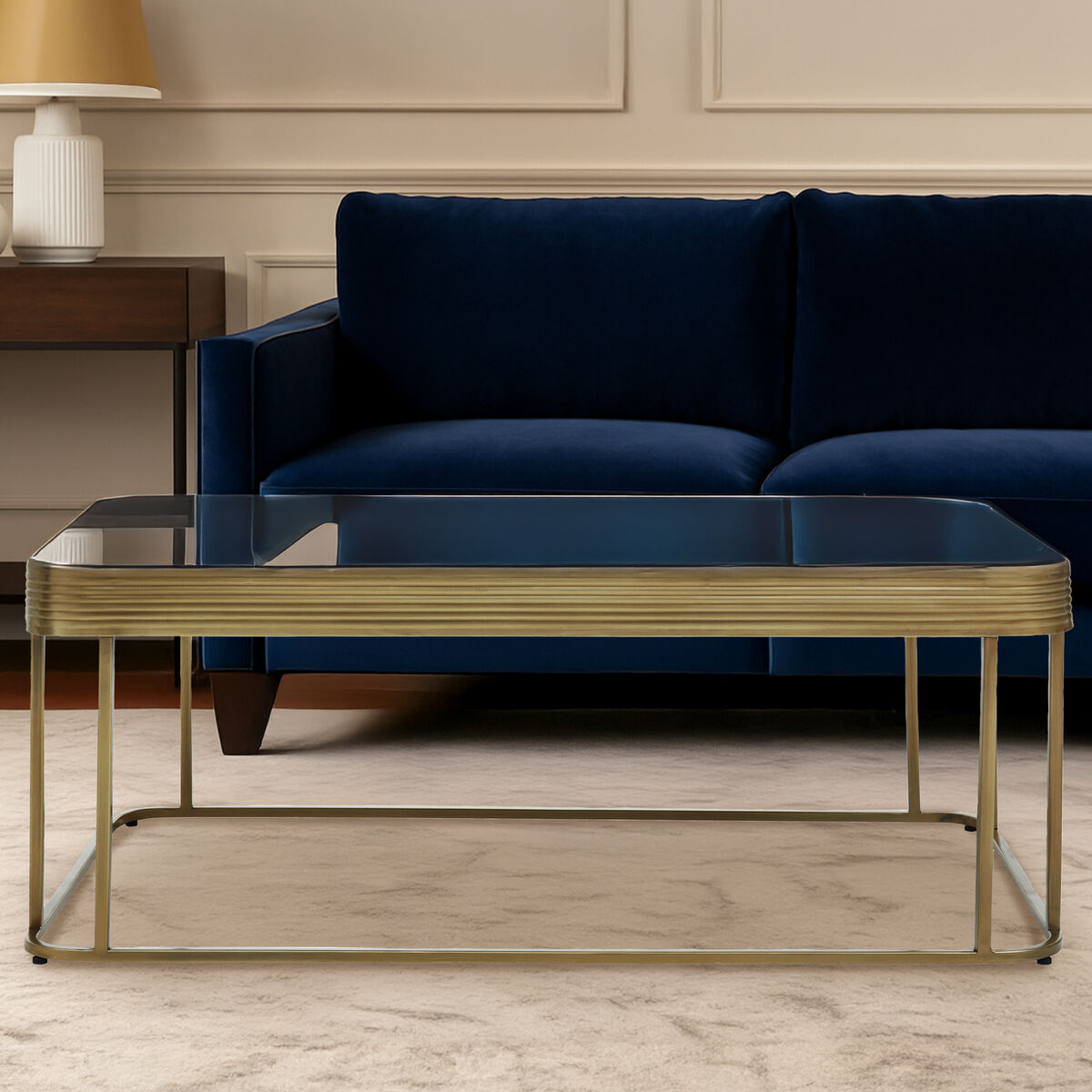 Gold Metal Coffee Table with Mirrored Top and Decorative Textured Edge, Ella