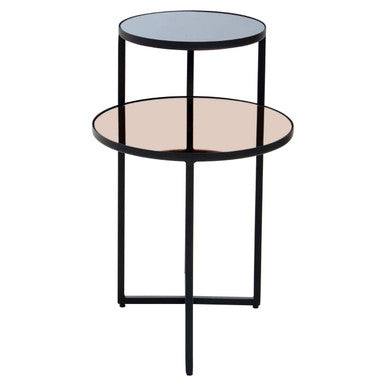 Smoked Mirror Top 2-Tier Side Table with Black Asymmetric Metal Frame, Cercle