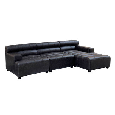 King Antique Black Leather Right Hand Modular Chaise Sofa