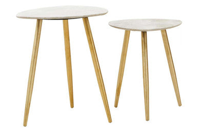 Set of 2 Natural Shagreen Leather Round Top Side Tables with Gold Finish Legs, Cadio