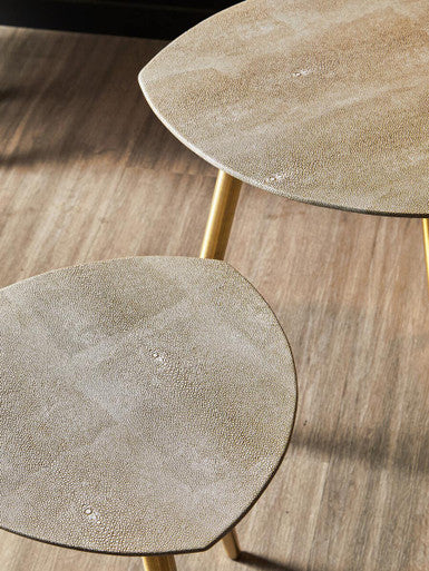 Set of 2 Natural Shagreen Leather Round Top Side Tables with Gold Finish Legs, Cadio