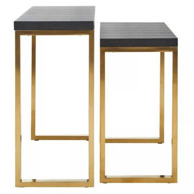 Set of Two Black Shagreen Effect Rectangular Console Tables with Gold Finish Base, Cardoba