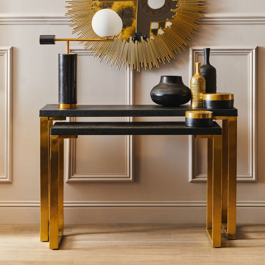 Set of Two Black Shagreen Effect Rectangular Console Tables with Gold Finish Base, Cardoba