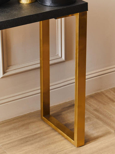 Set of Two Black Shagreen Effect Rectangular Console Tables with Gold Finish Base, Cardoba