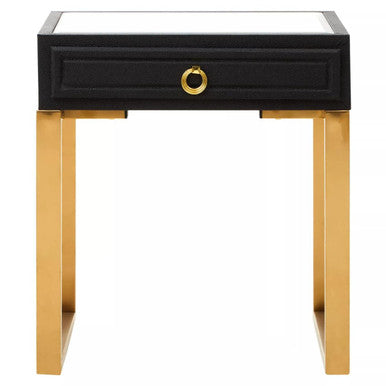 Black Faux Shagreen 1-Drawer Side Table with Brushed Matte Gold Legs and Knocker Handle, Cardoba