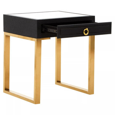 Black Faux Shagreen 1-Drawer Side Table with Brushed Matte Gold Legs and Knocker Handle, Cardoba