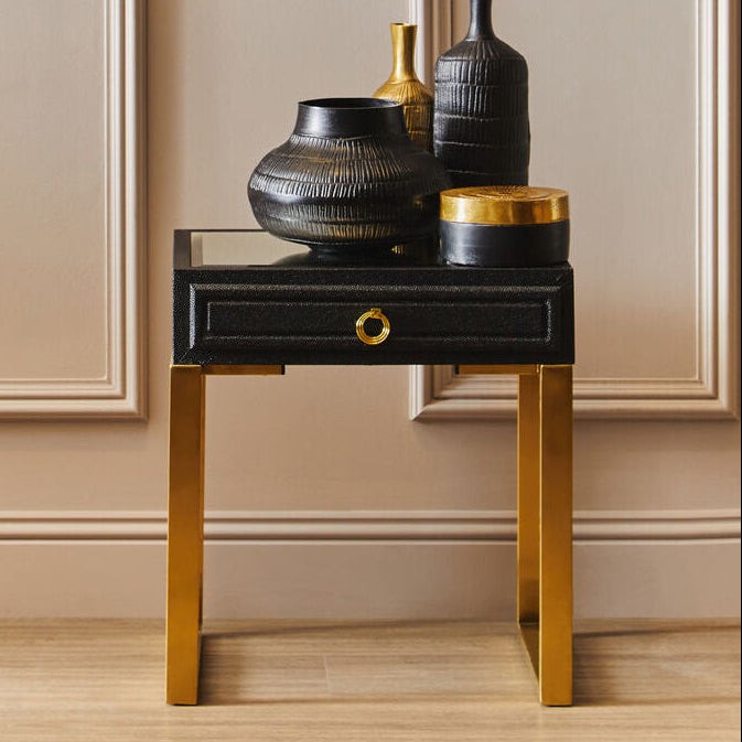 Black Faux Shagreen 1-Drawer Side Table with Brushed Matte Gold Legs and Knocker Handle, Cardoba