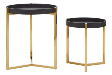 Set of 2 Black Faux Shagreen Tray Tables with Gold Finish Legs and Raised Edges, Cardoba