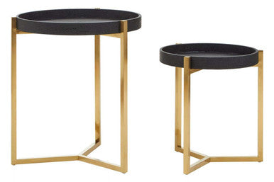 Set of 2 Black Faux Shagreen Tray Tables with Gold Finish Legs and Raised Edges, Cardoba