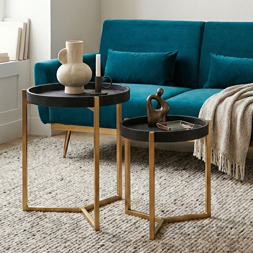 Set of 2 Black Faux Shagreen Tray Tables with Gold Finish Legs and Raised Edges, Cardoba