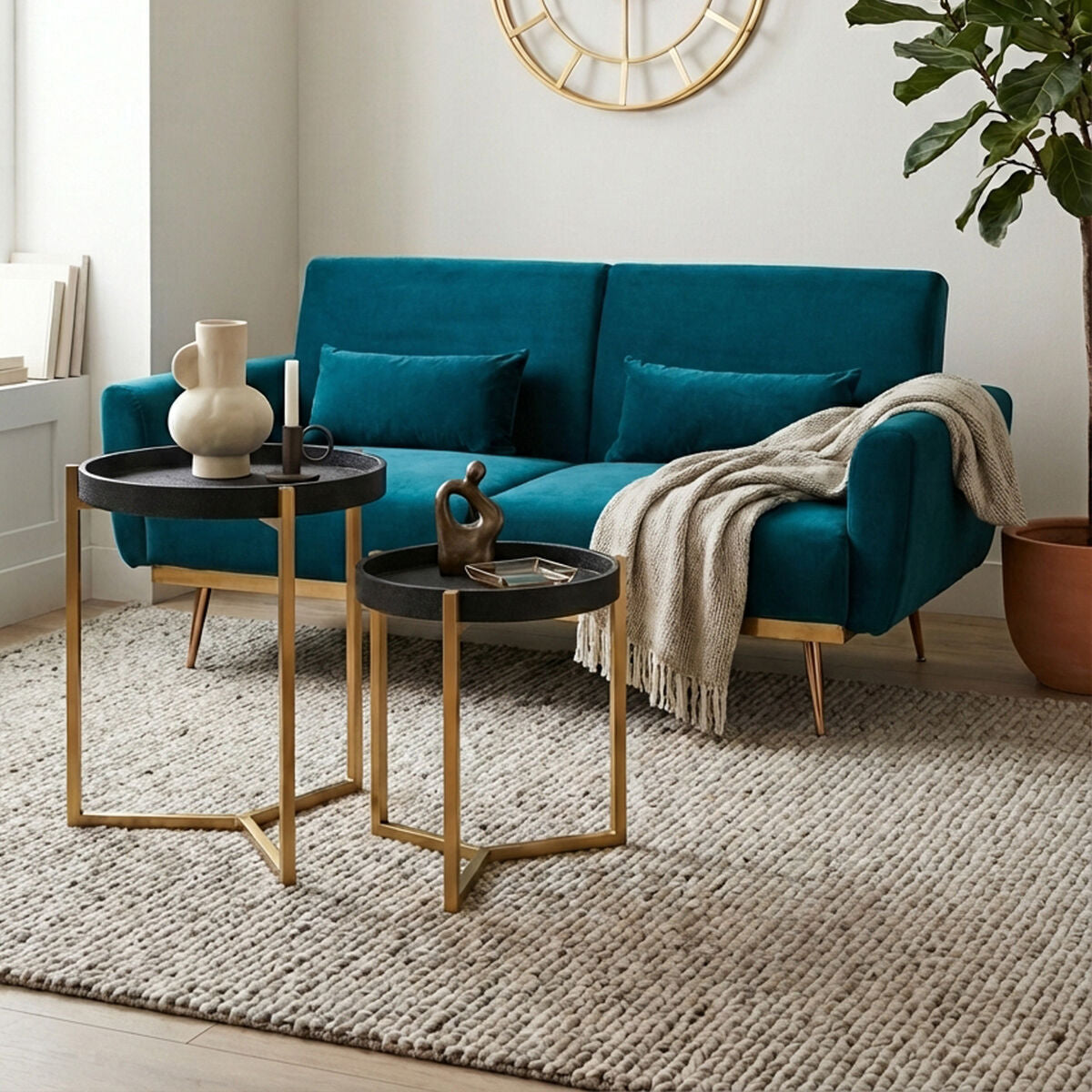 Set of 2 Black Faux Shagreen Tray Tables with Gold Finish Legs and Raised Edges, Cardoba