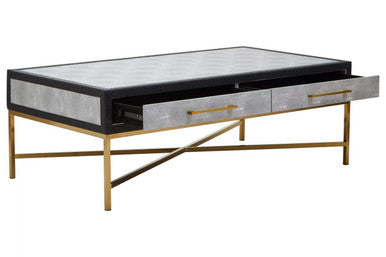 Grey Shagreen Effect Coffee Table with Two Drawers and Brushed Matte Gold Cross Leg Frame, Cadiz