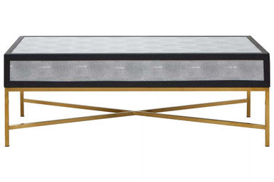 Grey Shagreen Effect Coffee Table with Two Drawers and Brushed Matte Gold Cross Leg Frame, Cadiz