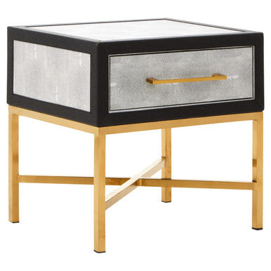 Grey Faux Shagreen 1-Drawer Side Table with Brushed Matte Gold Cross Legs and Black Border, Cadiz