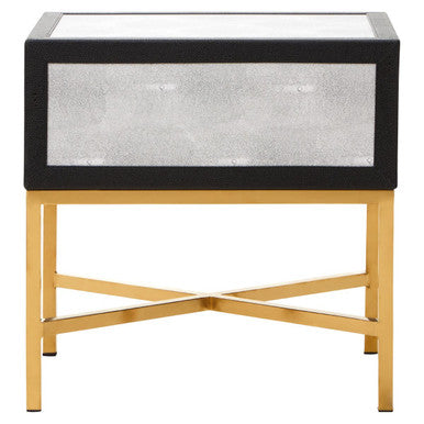 Grey Faux Shagreen 1-Drawer Side Table with Brushed Matte Gold Cross Legs and Black Border, Cadiz