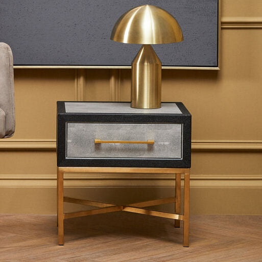 Grey Faux Shagreen 1-Drawer Side Table with Brushed Matte Gold Cross Legs and Black Border, Cadiz