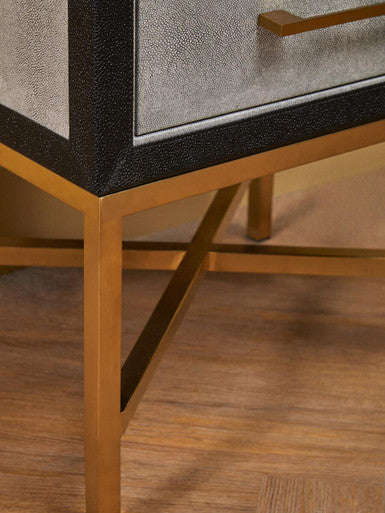 Grey Faux Shagreen 1-Drawer Side Table with Brushed Matte Gold Cross Legs and Black Border, Cadiz