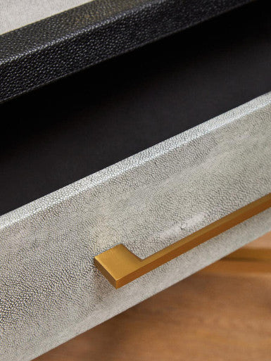 Grey Faux Shagreen 1-Drawer Side Table with Brushed Matte Gold Cross Legs and Black Border, Cadiz