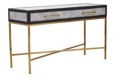 Grey Shagreen Effect 2-Drawer Console Table with Brushed Matte Gold Cross Leg Frame, Cadiz
