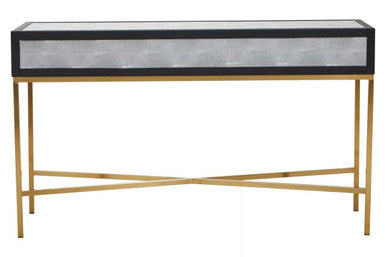 Grey Shagreen Effect 2-Drawer Console Table with Brushed Matte Gold Cross Leg Frame, Cadiz