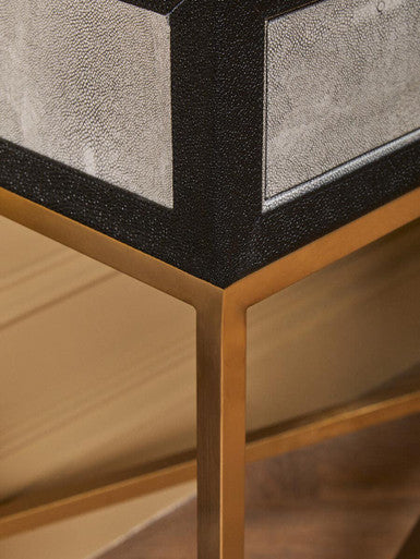 Grey Shagreen Effect 2-Drawer Console Table with Brushed Matte Gold Cross Leg Frame, Cadiz