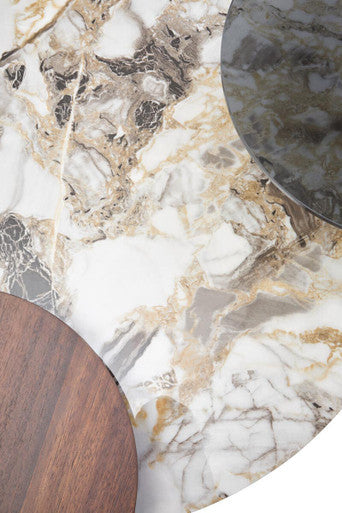 Green and Grey Marble Effect Ceramic Top 3 Tier Coffee Table with Grey Glass & Eucalyptus Veneer Shelves, Imperia