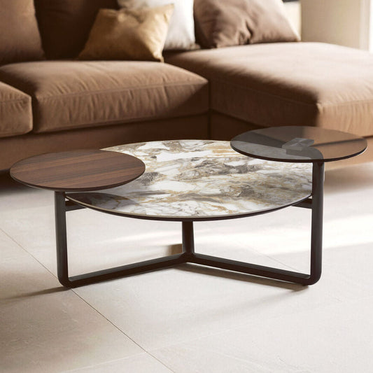 Green and Grey Marble Effect Ceramic Top 3 Tier Coffee Table with Grey Glass & Eucalyptus Veneer Shelves, Imperia