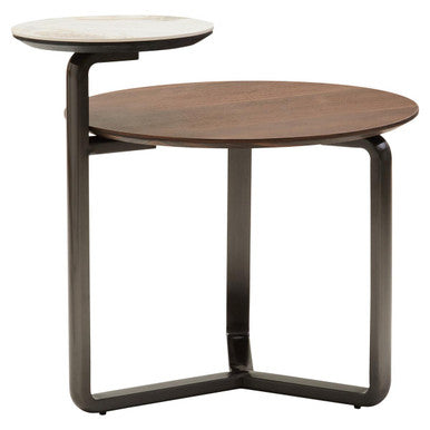 Brown Marble Effect Ceramic Top Round 2-Tier Coffee Table with Eucalyptus Veneer Lower Shelf and Black Metal Legs, Imperia