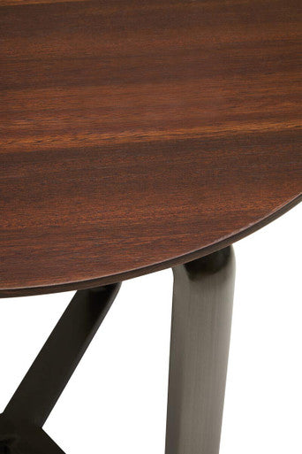 Brown Marble Effect Ceramic Top Round 2-Tier Coffee Table with Eucalyptus Veneer Lower Shelf and Black Metal Legs, Imperia