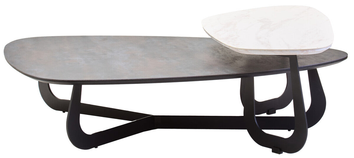 Grey and White Marble Effect Ceramic Tops Large 2-Tier Asymmetrical Coffee Table with Black Metal Base, Imperia