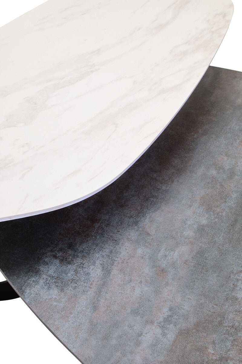 Grey and White Marble Effect Ceramic Tops Large 2-Tier Asymmetrical Coffee Table with Black Metal Base, Imperia