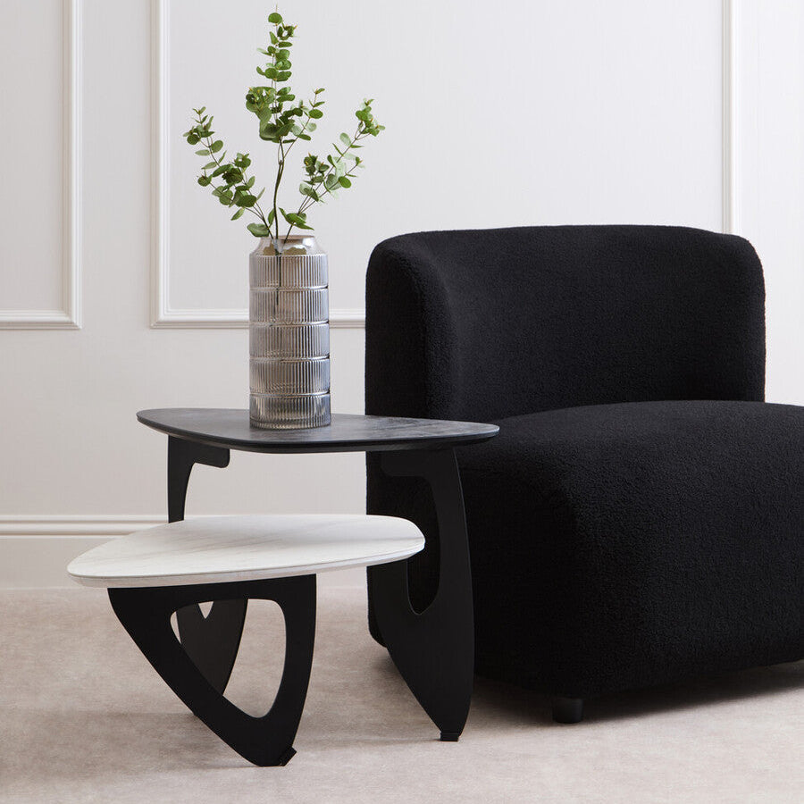 Grey and White Marble Effect Ceramic Tops Small 2-Tier Asymmetrical Coffee Table with Black Metal Base, Imperia