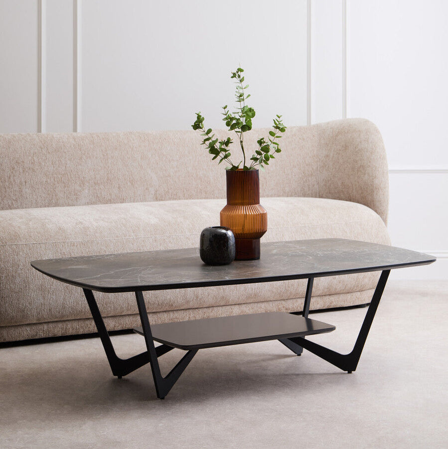 Grey Marble Effect Ceramic Top Coffee Table with Black Metal Legs and Lower Shelf, Imperia