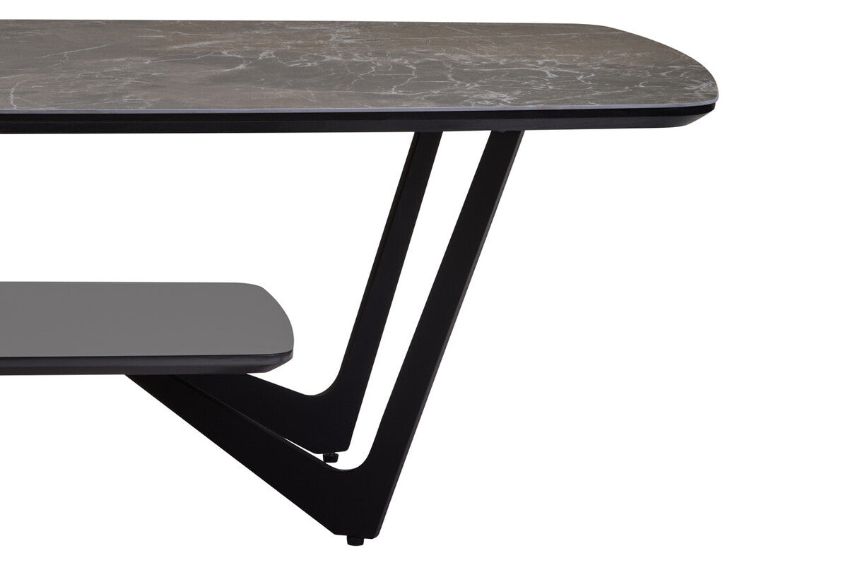 Grey Marble Effect Ceramic Top Coffee Table with Black Metal Legs and Lower Shelf, Imperia