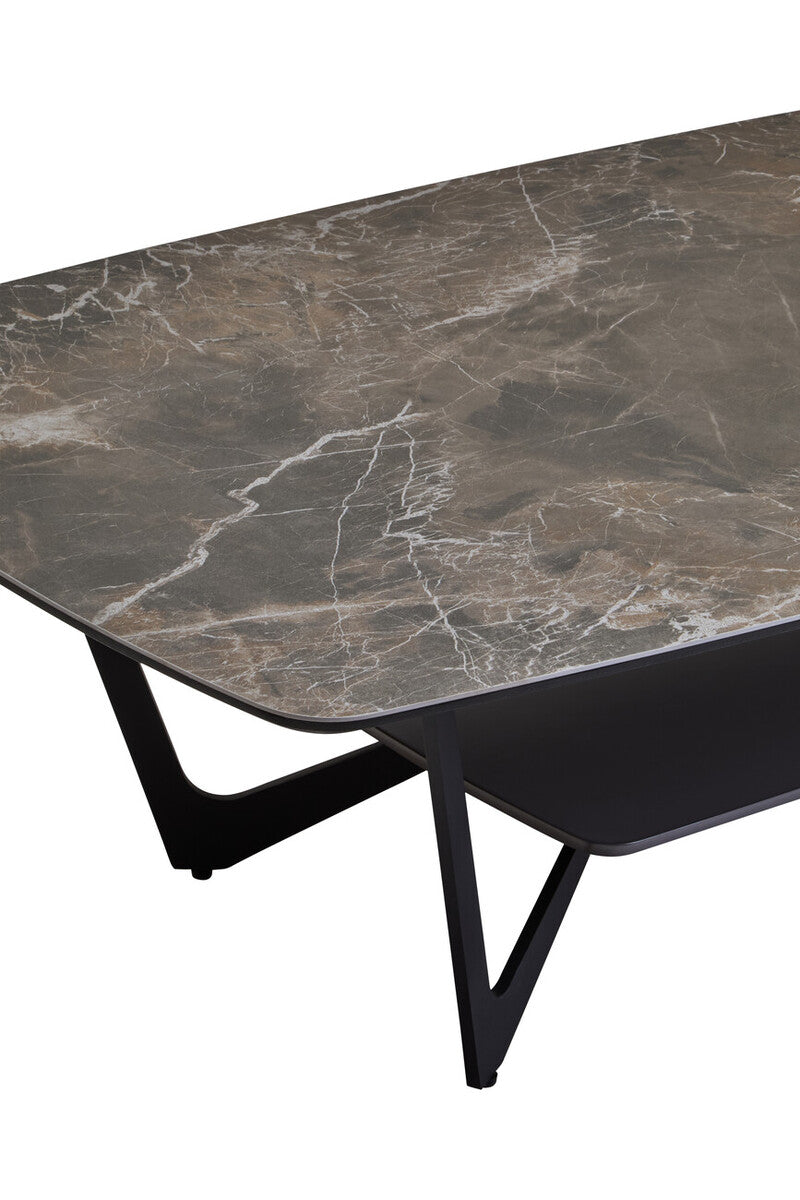Grey Marble Effect Ceramic Top Coffee Table with Black Metal Legs and Lower Shelf, Imperia