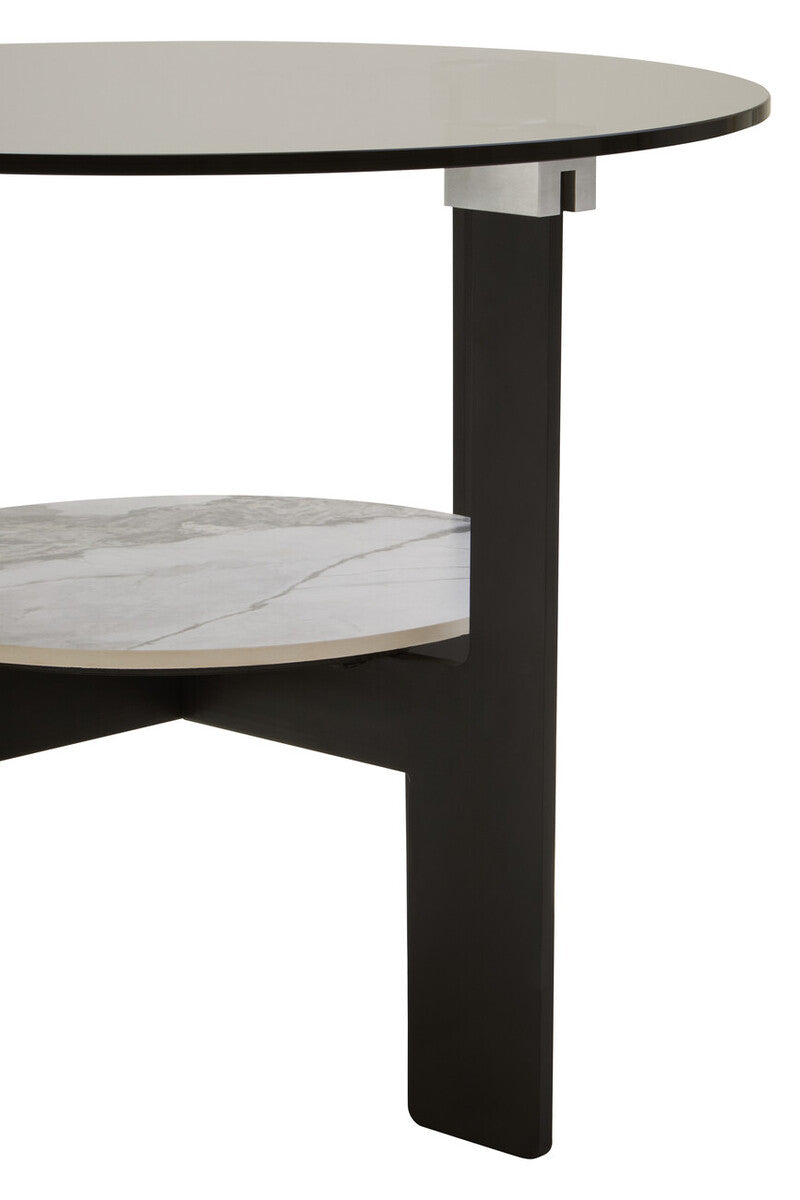 Grey Glass Round Top Coffee Table with Marble Effect Ceramic Shelf and Black Metal Legs, Imperia