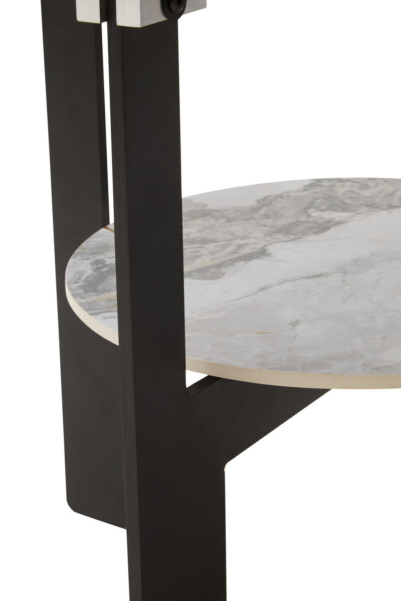 Grey Glass Round Top Coffee Table with Marble Effect Ceramic Shelf and Black Metal Legs, Imperia