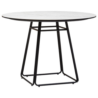 White Ceramic Marble Effect Round Top Dining Table with Black Metal Base, Imperia