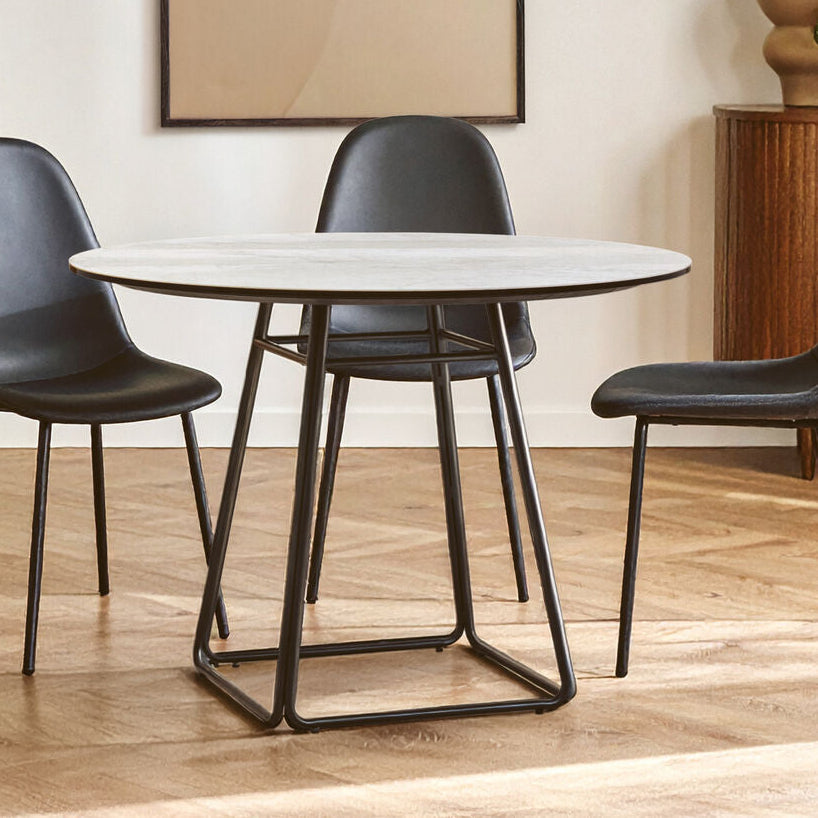 White Ceramic Marble Effect Round Top Dining Table with Black Metal Base, Imperia