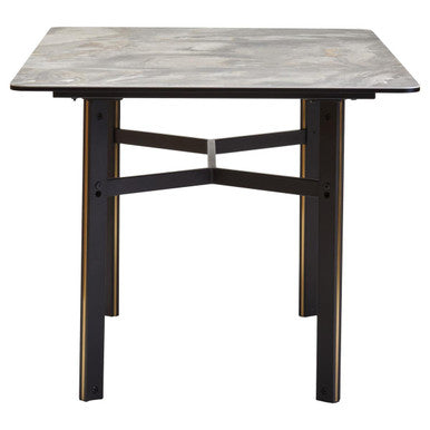 Grey Marble Effect Ceramic Top Dining Table with Black Metal Legs and Gold Detail, Imperia