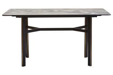 Grey Marble Effect Ceramic Top Dining Table with Black Metal Legs and Gold Detail, Imperia