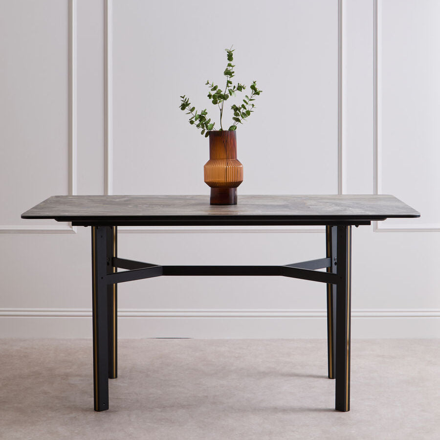 Grey Marble Effect Ceramic Top Dining Table with Black Metal Legs and Gold Detail, Imperia