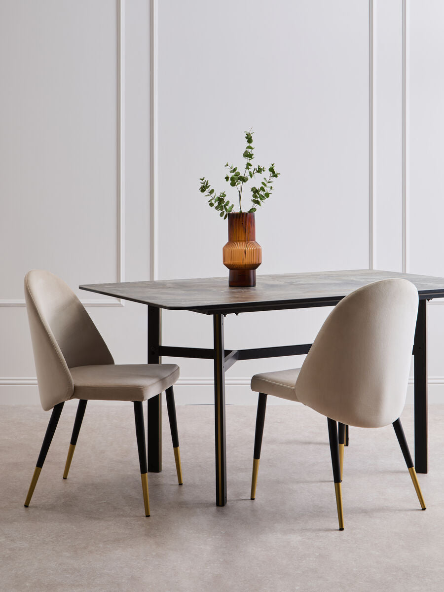 Grey Marble Effect Ceramic Top Dining Table with Black Metal Legs and Gold Detail, Imperia