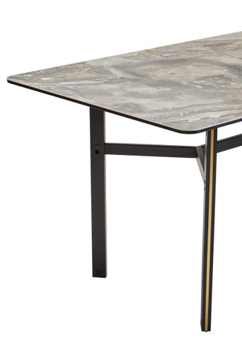 Grey Marble Effect Ceramic Top Dining Table with Black Metal Legs and Gold Detail, Imperia