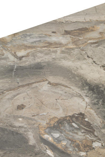 Grey Marble Effect Ceramic Top Dining Table with Black Metal Legs and Gold Detail, Imperia