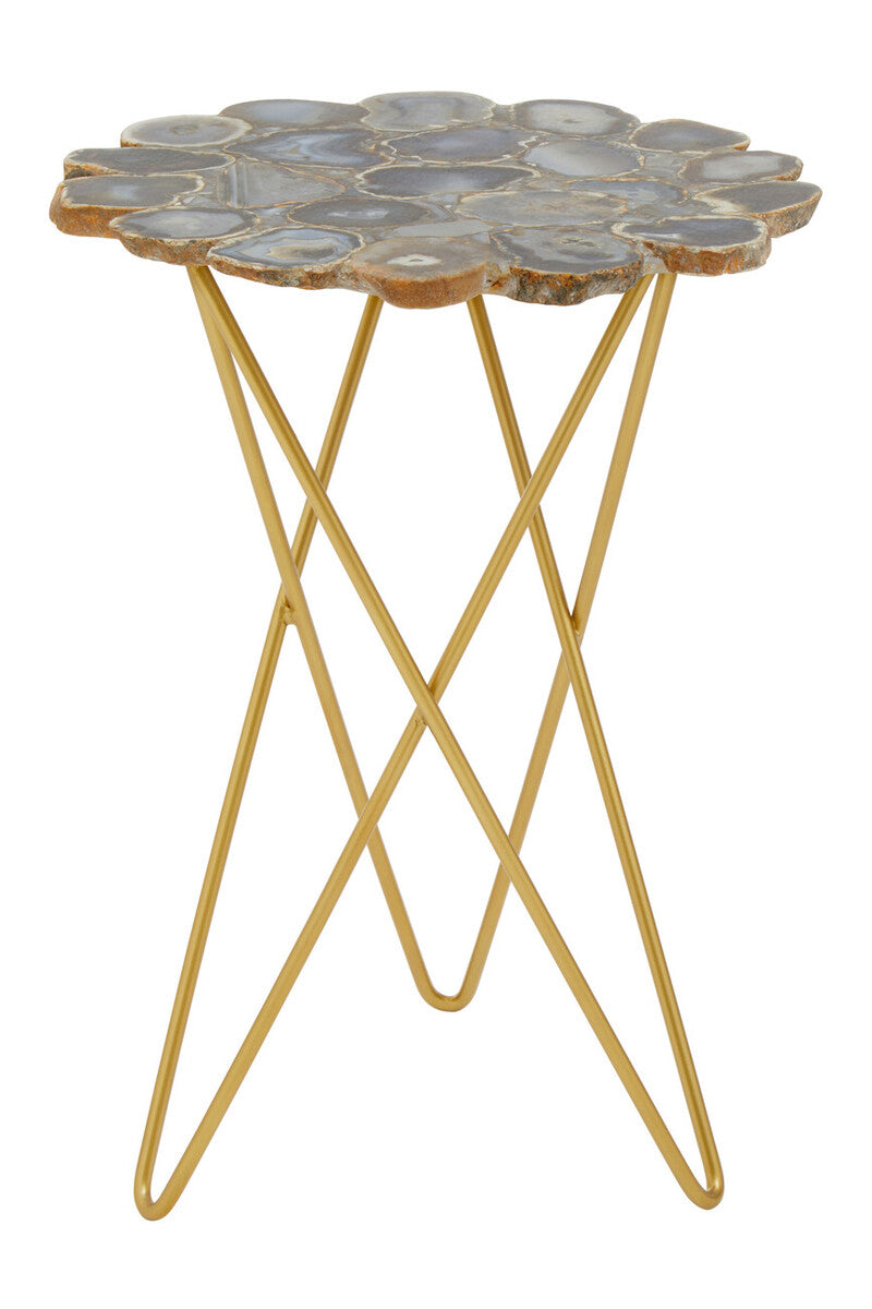 Agate Top Side Table with Gold Finish Trim and Hairpin Metal Legs, Jaipur