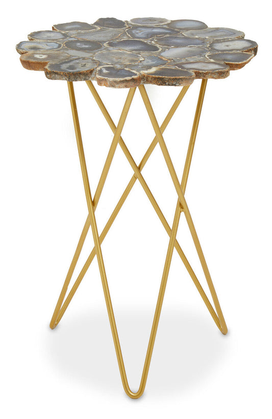 Agate Top Side Table with Gold Finish Trim and Hairpin Metal Legs, Jaipur