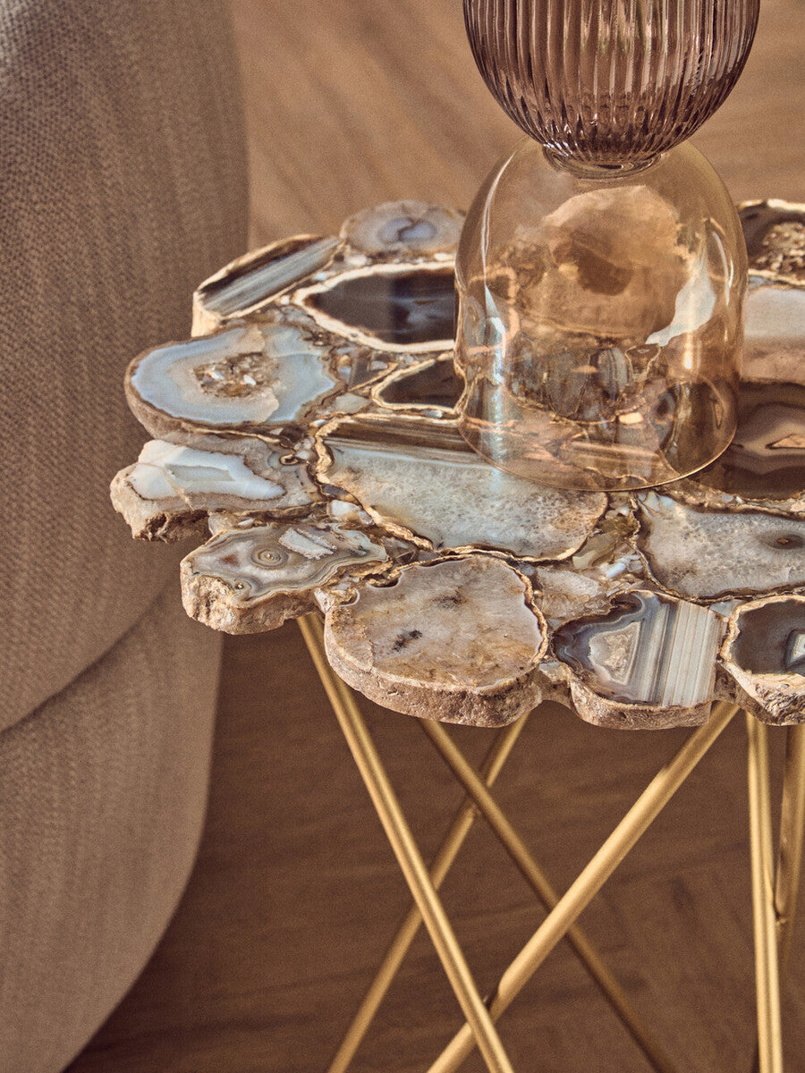 Agate Top Side Table with Gold Finish Trim and Hairpin Metal Legs, Jaipur